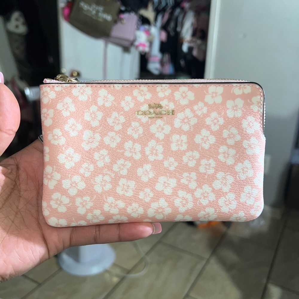 Coach Pink and White Floral Clutch Wristlet